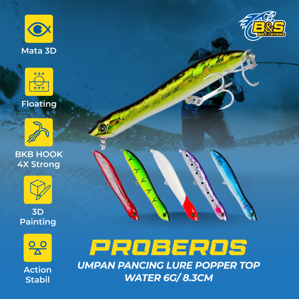 PROBEROS Umpan Pancing Lure Popper 6g/8.3cm Hook BKB 8# umpan top water LP136