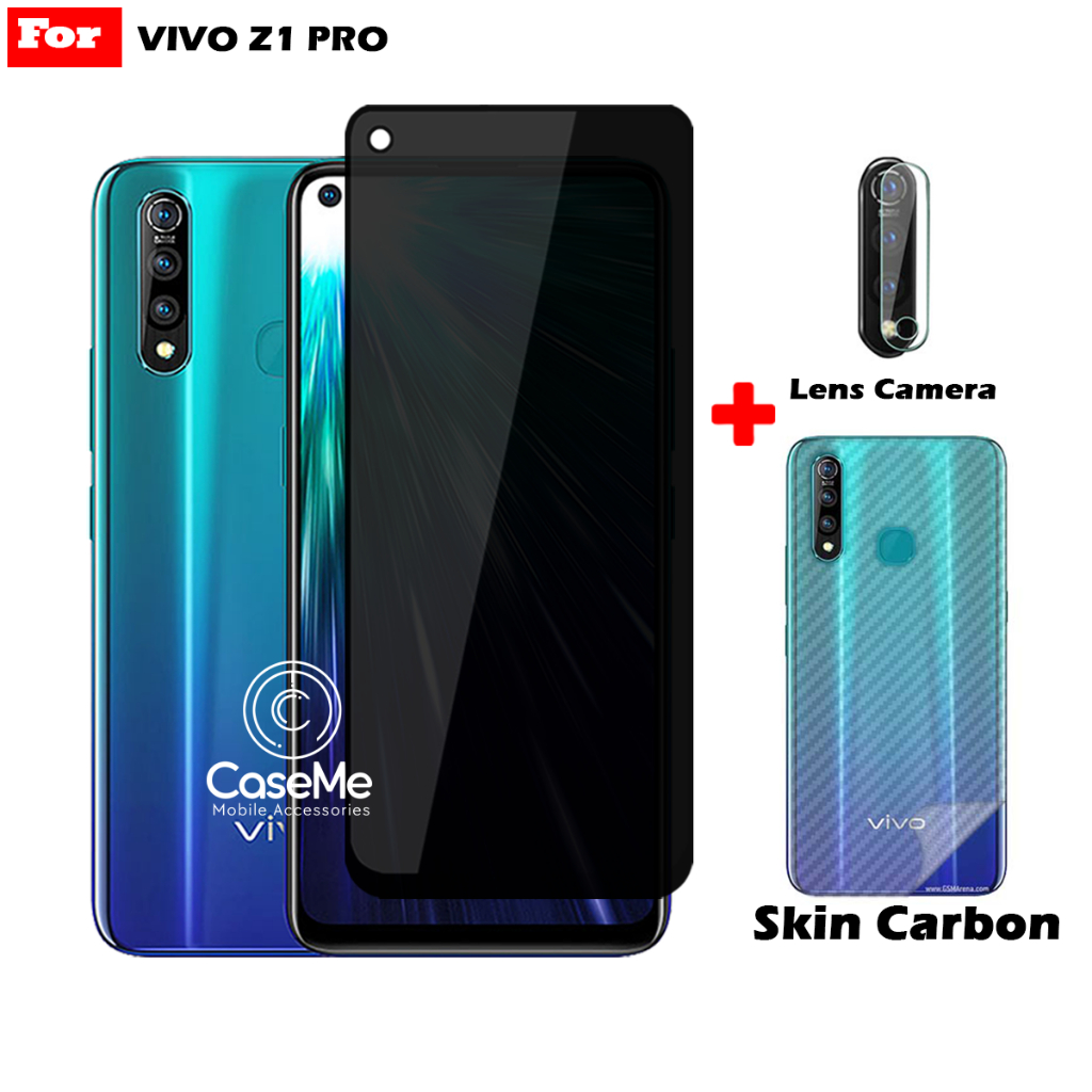 Paket 3in1 Tempered Glass Privacy Vivo Z1 Pro Free Anti Gores Camera dan Skin Carbon