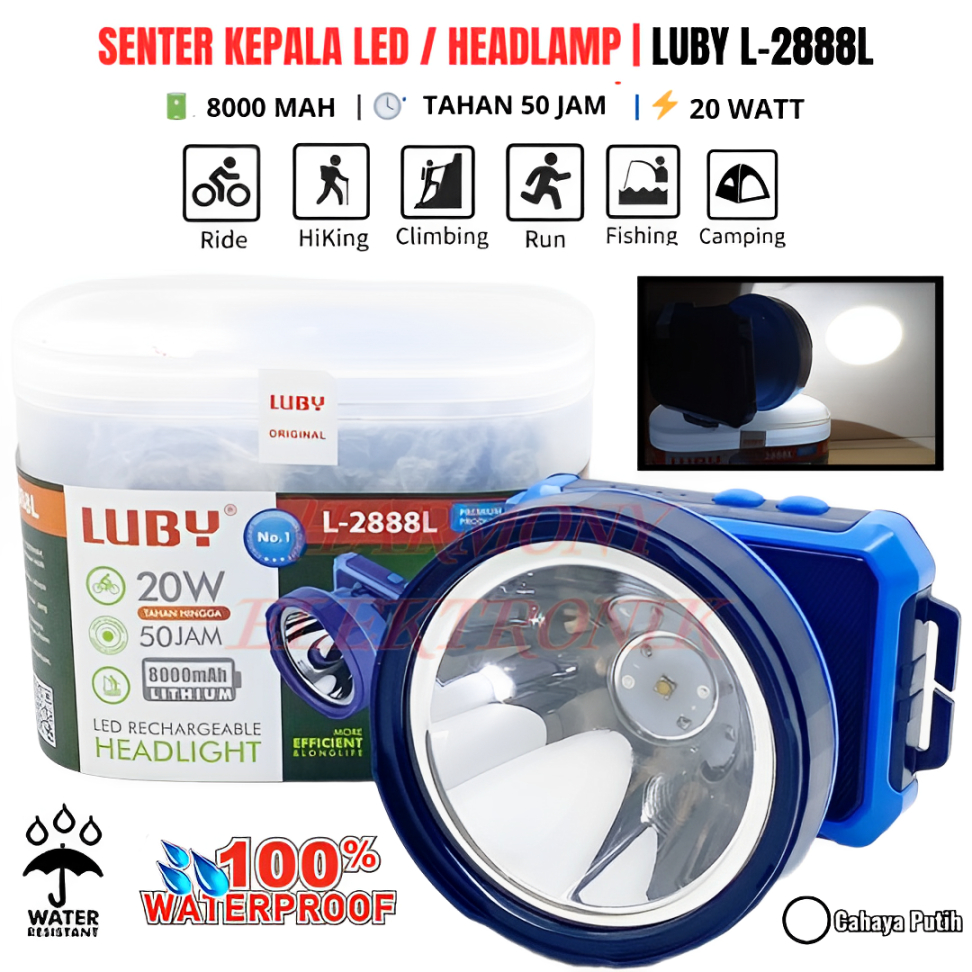 senter kepala luby 20 Watt tahan lama L- 2888 baterai 8000mah Luby L- 2888L / L- 2888K head lamp