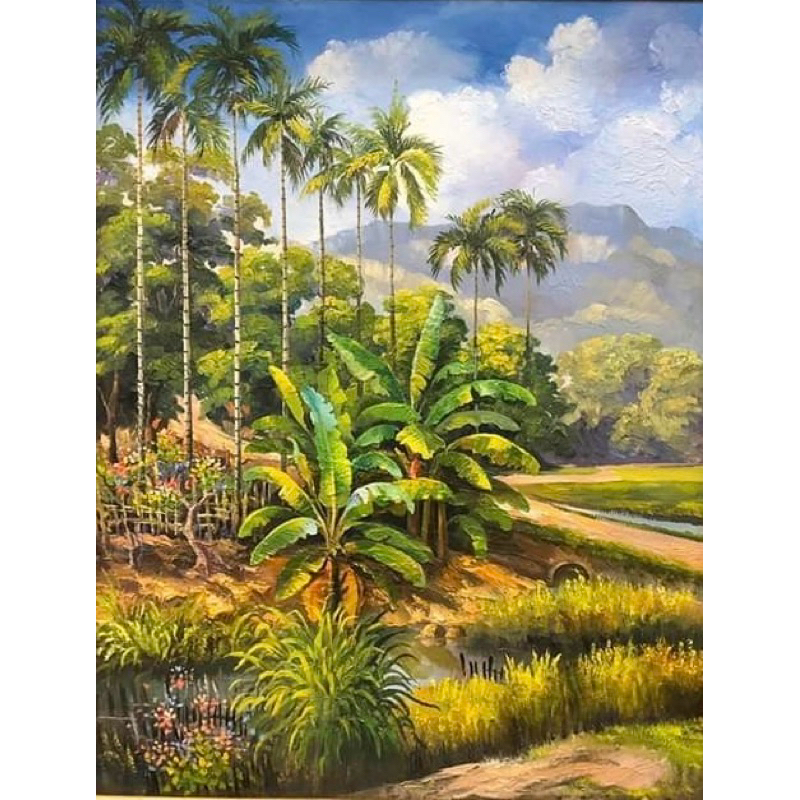 Hiasan dinding plus bingkai uk:35cm x 53cm Lukisan cetak pemandangan desa pesawahan pohon pisang kel