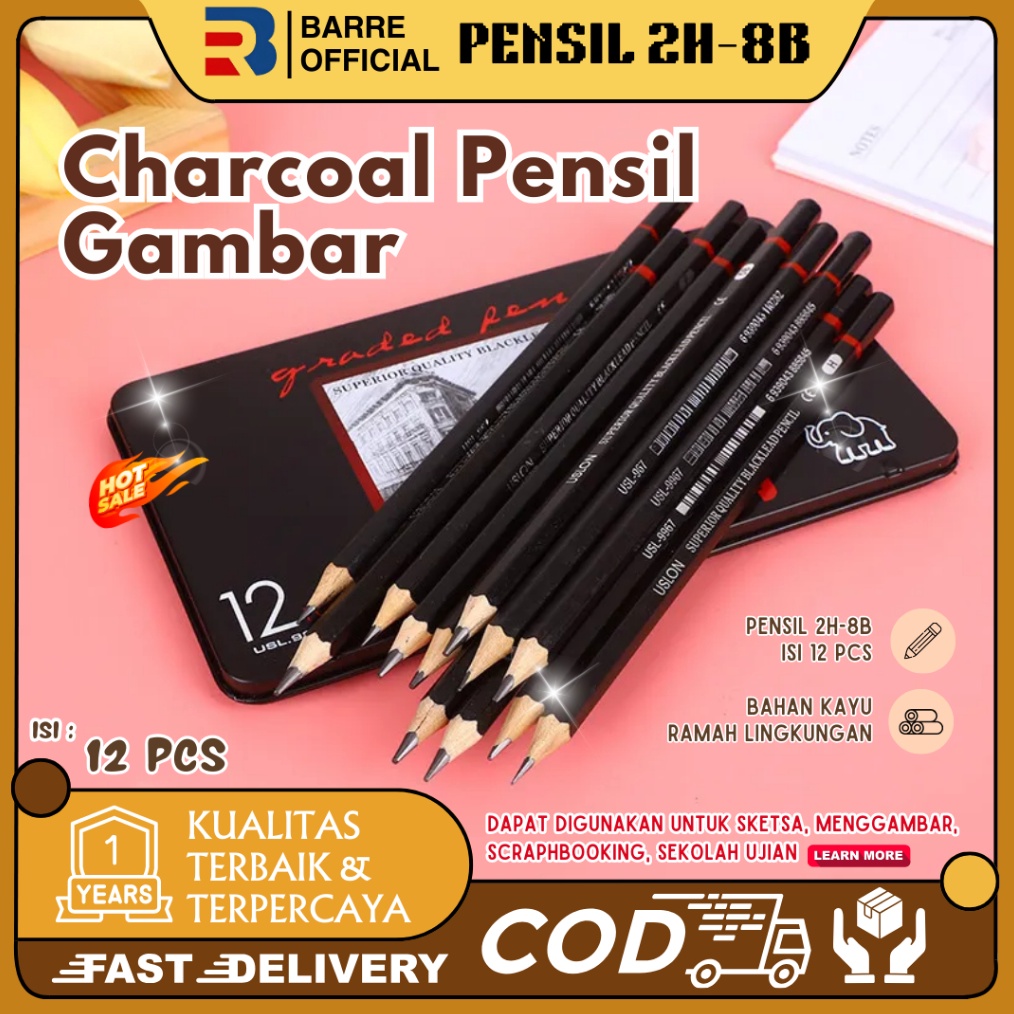 

ART F2E6 BARRE 12 Pcs Charcoal Sketch Pencil Set 2H H F B HB 2B 3B 4B 5B 6B 7B 8B Pensil Sketsa Set Lengkap
