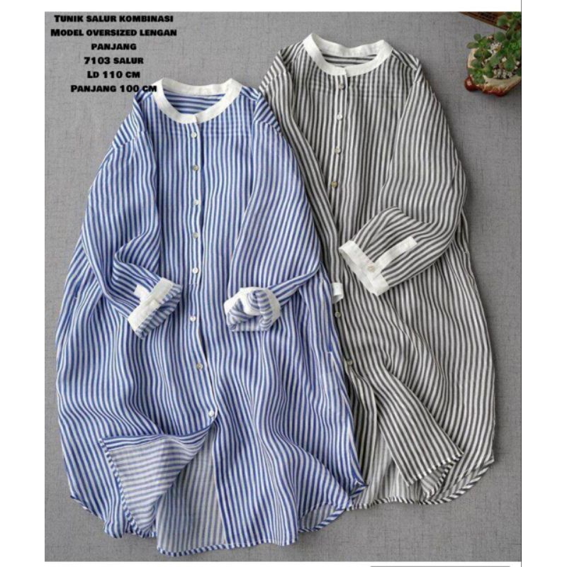 Tunik Salur 7103 - Pakaian Muslim Wanita Atasan Motif Panjang Dress Garis Stripe
