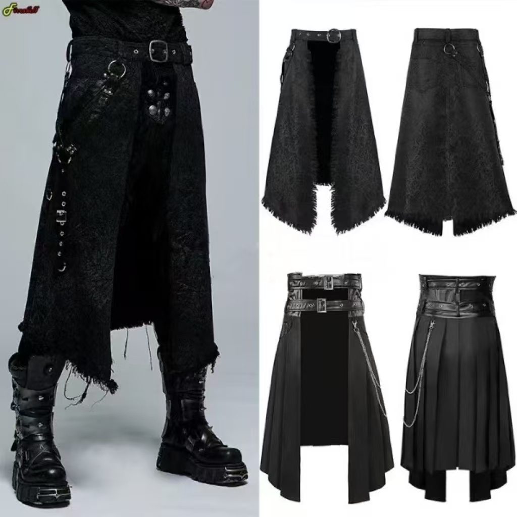 Medieval Gothic Men's Half Skirt Jacquard Steampunk Stylish Kilt Open Front Harujuku Burlesque Fring