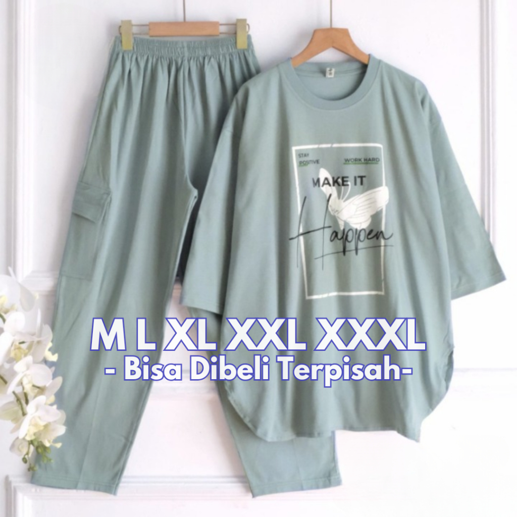 Setelan Wanita Kekinian Happen Set BO Bahan Kaos Katun Combed Size M L XL XXL XXXL One Set Celana Ca