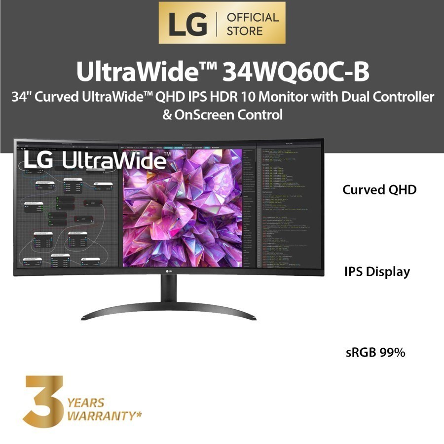 Monitor GAMING LG 34WQ60C-B Ultrawide Curved QHD 60Hz IPS HDR10 ( GARANSI RESMI )