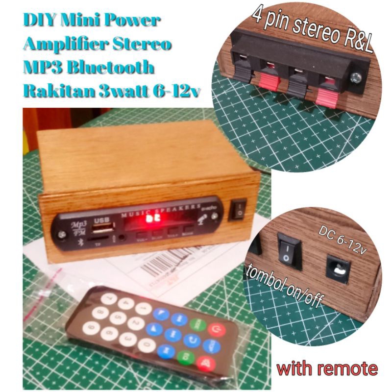 DIY Mini Power Amplifier Stereo MP3 Bluetooth Rakitan 3watt 6-12volt dengan Remot Unik Murah
