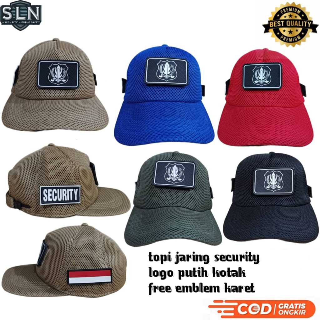 TOPI JARING VELCRO SECURITY LOGO PUTIH KOTAK EMBLEM KARET | TOPI DOUBLEMESH SATPAM | TOPI SATPAM SLN