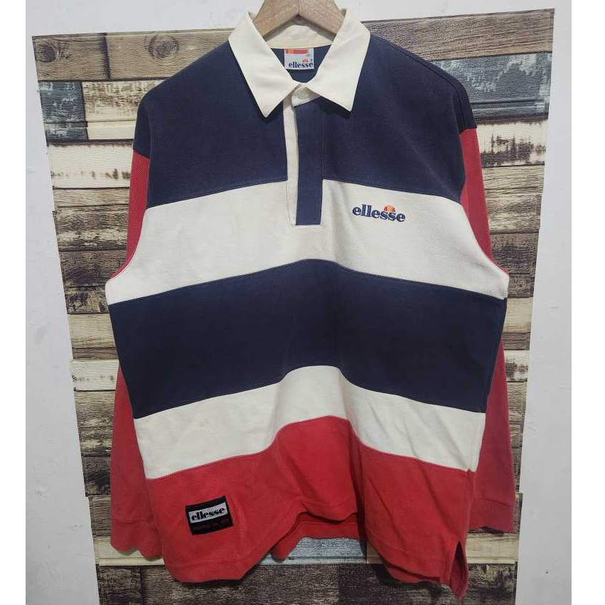Ellesse Vintage Polo Shirt Long Sleeve Colourblock Original ( Size M-L )