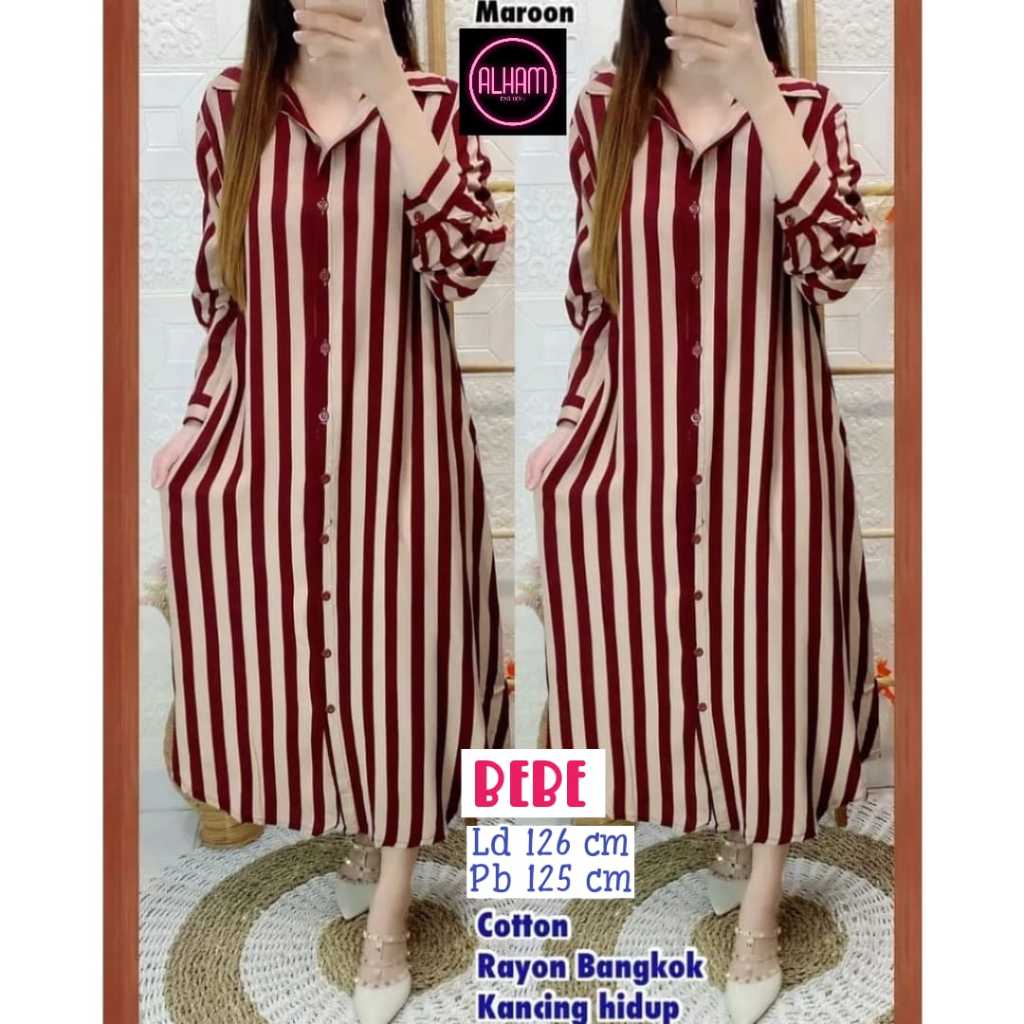 Bebe Dress Gamis Wanita Jumbo LD 126 Katun Rayon Salur Garis Garis Adem Nyaman