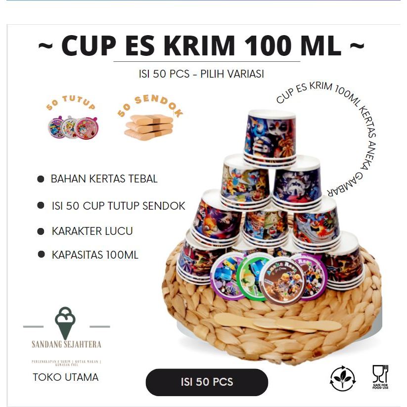 Cup Es Cream Dan Tutup 100ml Kertas, Cup Eskrim Isi 50 Pcs Lengkap Tutup Dan Sendok Pilih Variasi Ba