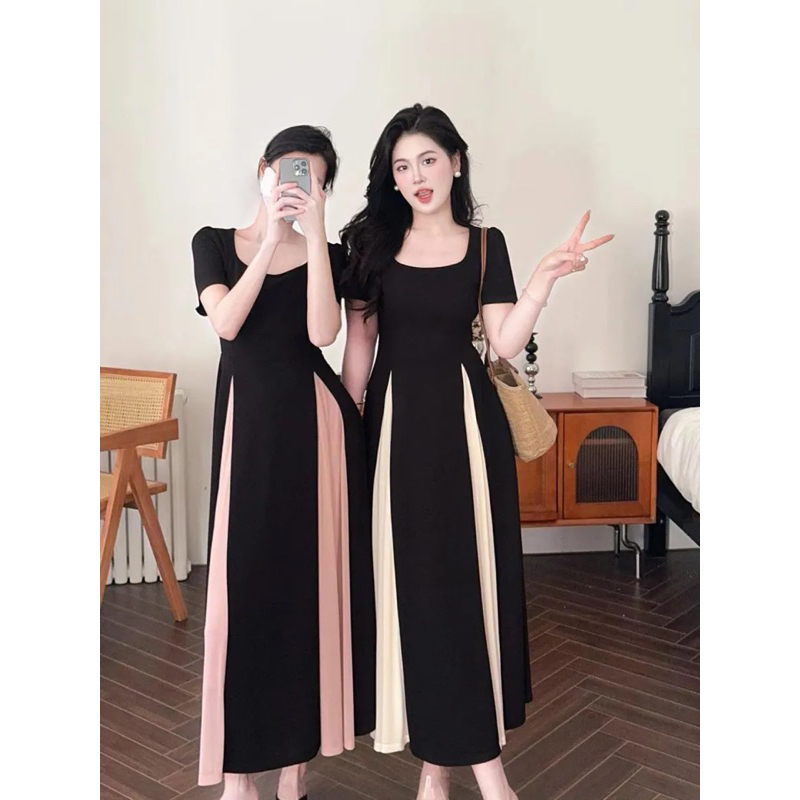 D35/1317 Dress elegant kombinasi A line square neck lengan pendek / gaun korean vintage dress