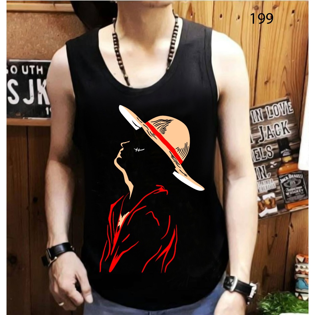 Singlet Pria Hitam Santai Dan Gym Motif Luffy Topi