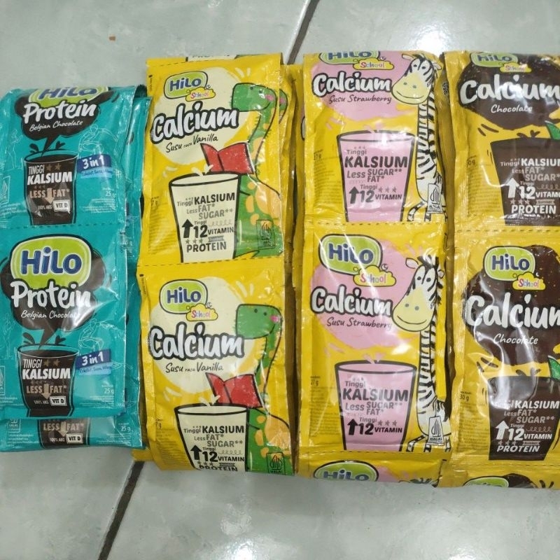 

Hilo school renceng(vanila 27gr,strawbery 27gr,coklat 30gr),Hilo protein Belgian (coklat 25gr),Hilo active susu coklat belgia (25gr)