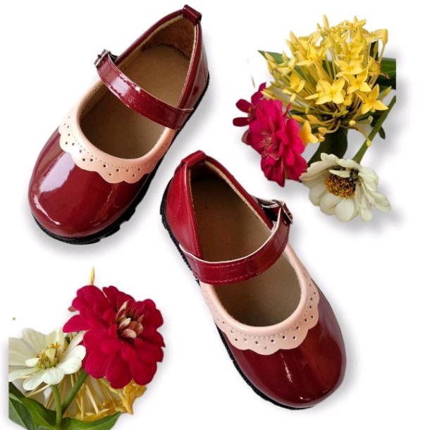 KF7 Sepatu Anak Perempuan Domart Glossy Loafers Sepatu Anak Mary Jane Renda MERAH Flat Shoes 1 2 3 T