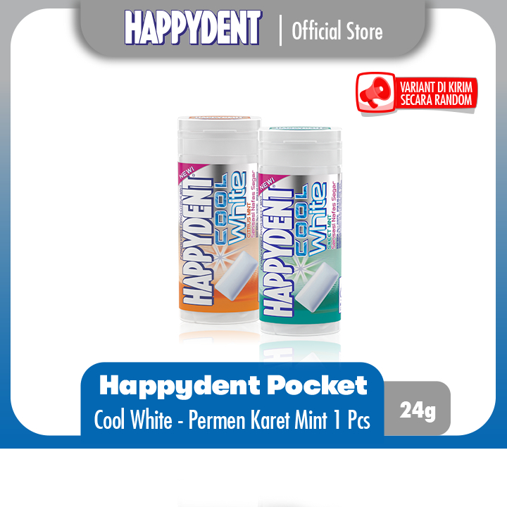 

Happydent Cool White Pocket Bottle Citrus/Sweet Mint 28g - Permen Karet Rasa Jeruk/Manis Mint