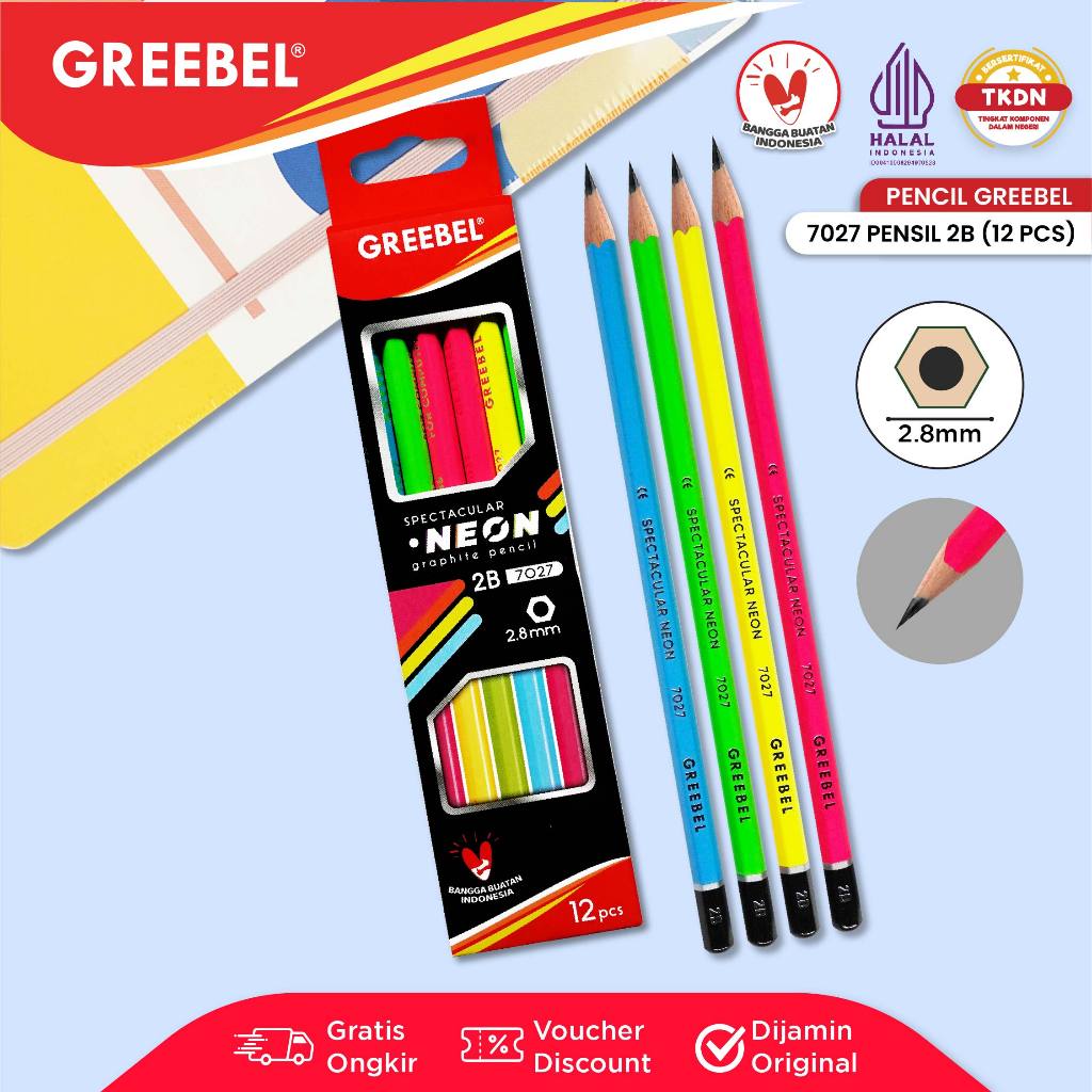 

GREEBEL Pensil Kayu 2B 7027 Neon (12PCS/SET) Pensil Kayu Ujian / Pencil Grafit Graphite / Pensil Gambar