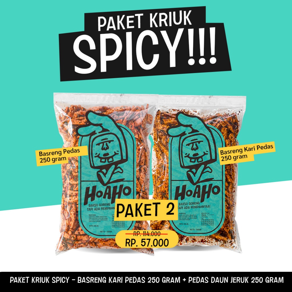 

HOAHO Basreng Stik Paket 2 Kriuk Spicy Kari Pedas 250 Gram - Pedas Daun Jeruk 250 Gram