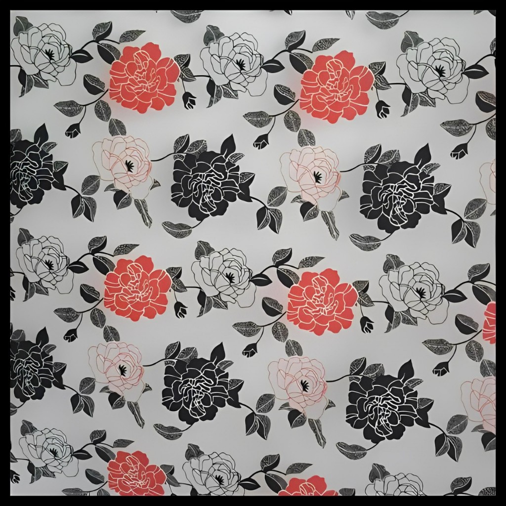 stiker kaca motif bunga mawar hitam putih merah