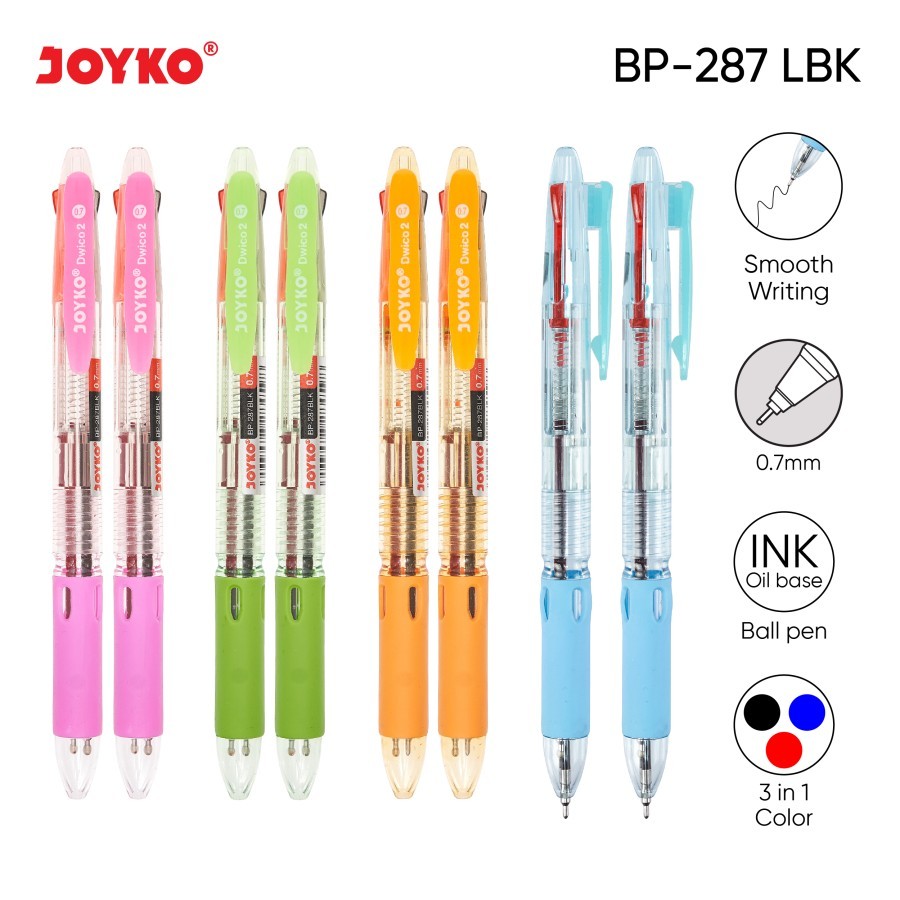 Ball Pen Pulpen Pena Joyko BP-287BLK Dwico2 0.7 mm 2 Warna Hitam Merah