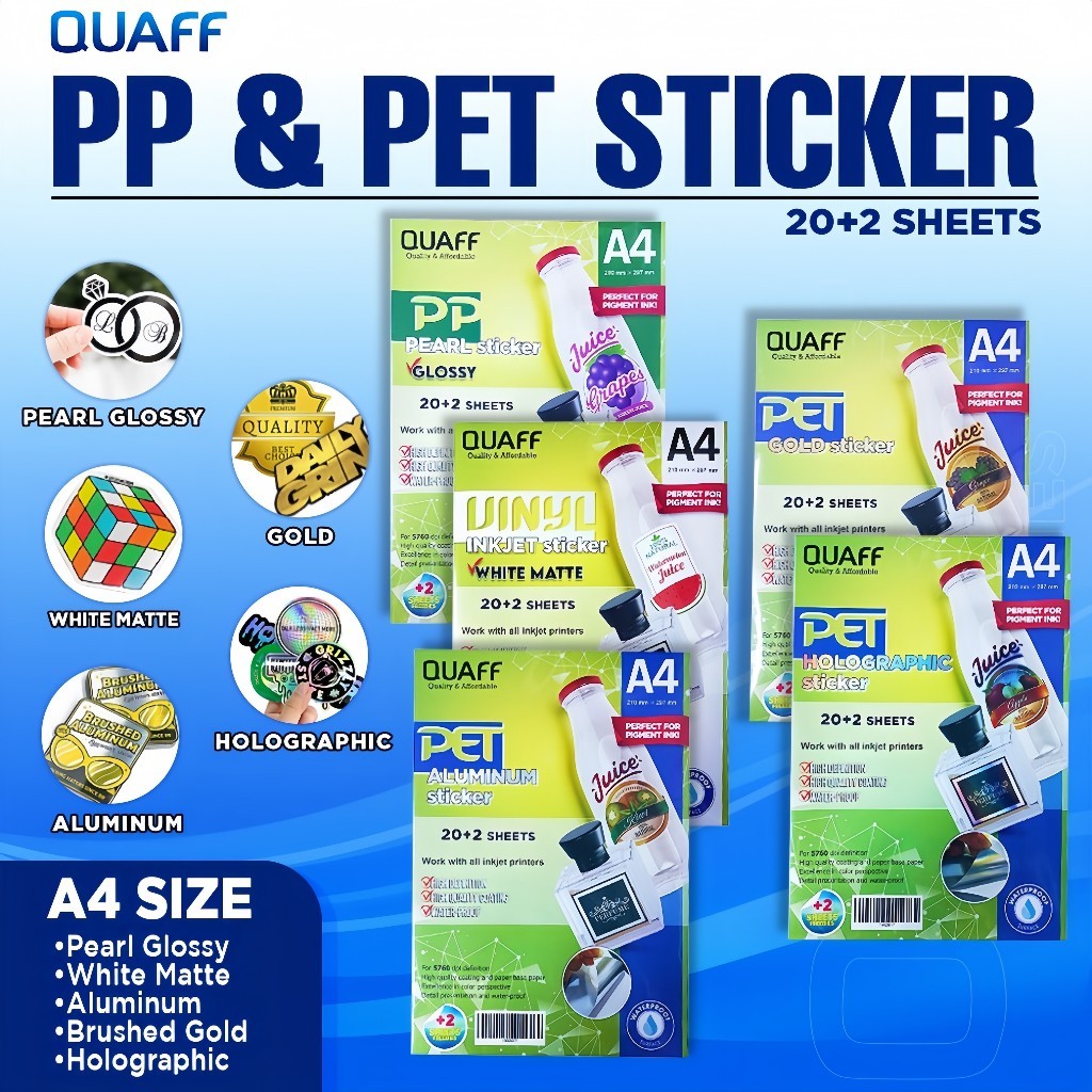 Stiker Label Tahan Air PET PP A4 (22 Lembar) - Kertas Stiker Vinyl Inkjet Anti Air untuk Cetak Berku