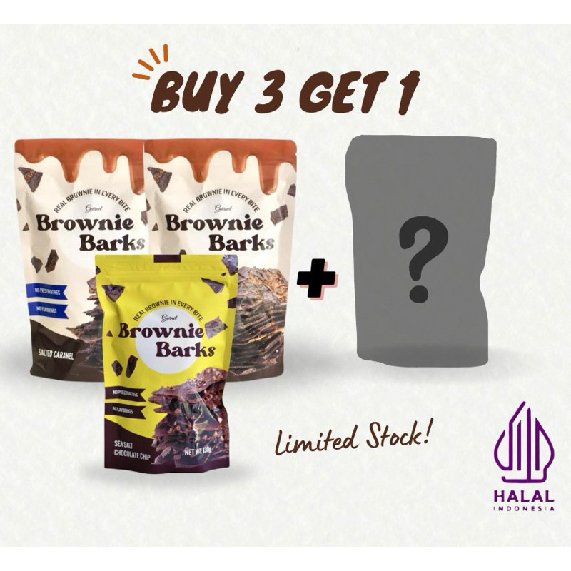 

Brownie Barks Paket hemat Brownie Crispy 3 Rasa ( 2 Pcs Salted Caramel 130gr + 1 Sea Salt Choco Chip CHIP 130gr + Free 1 PCS)