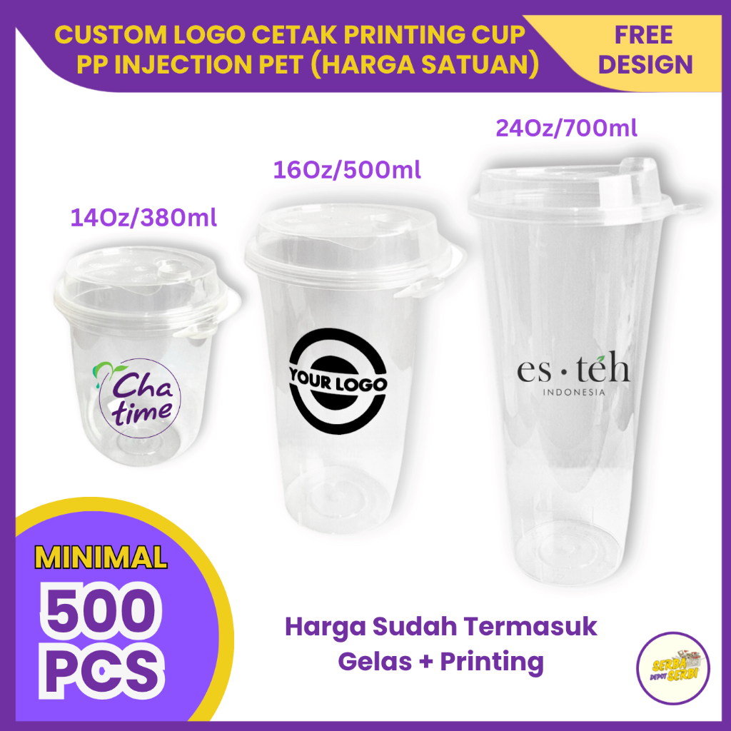 Custom Printing Logo Plastic Cup PP Injection PET Cafe Minuman Gelas Plastik Cetak Design Nama