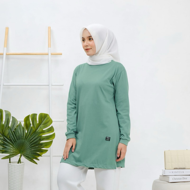 Kaos tunic lengan panjang,Baju Tunic Wanita terkini,Tunic Lengan Panjang Wanita sage green,Tunik Pol