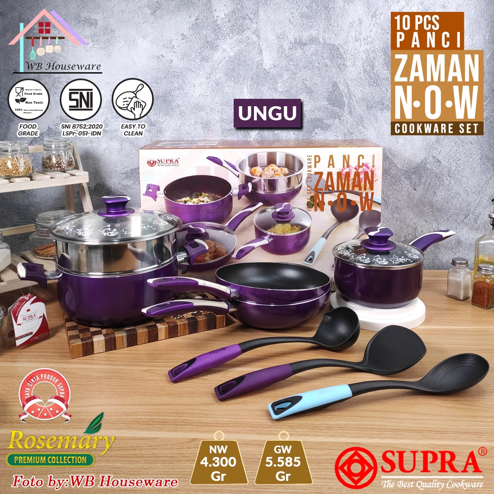 panci penggorengan set 10pcs / cookware set teflon ZAMAN NOW SUPRA - ungu