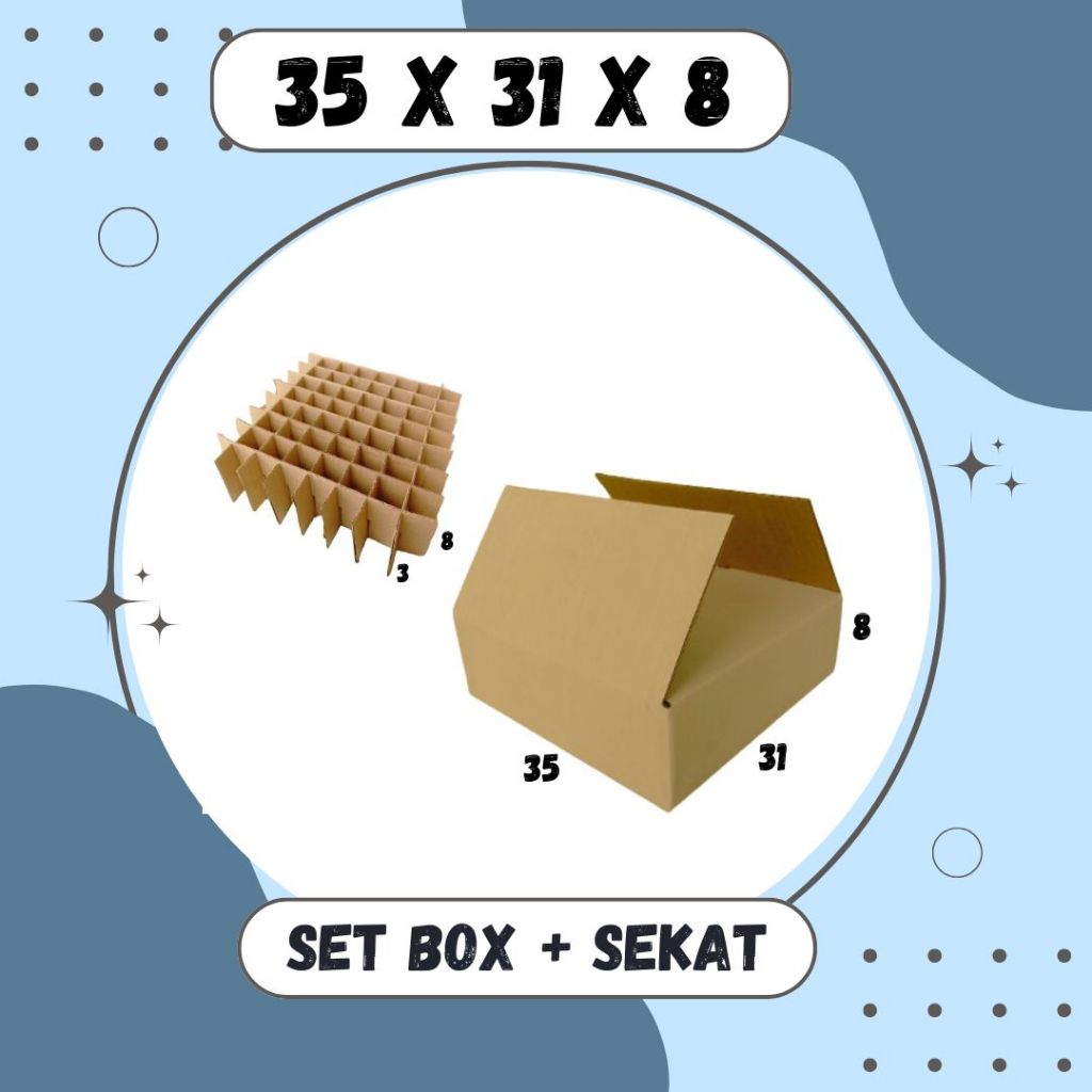 

Set Box 35x31x8 + Sekat 72 @3x3x8 Box Dus Packing Kotak Kardus Kemasan Karton