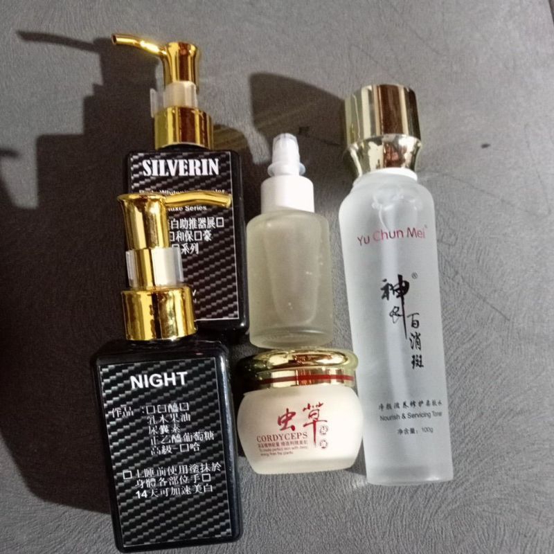 yu chun mei cordycep krim malam,toner platinum,serum gold 60ml,silverin hb booster whitening siang m