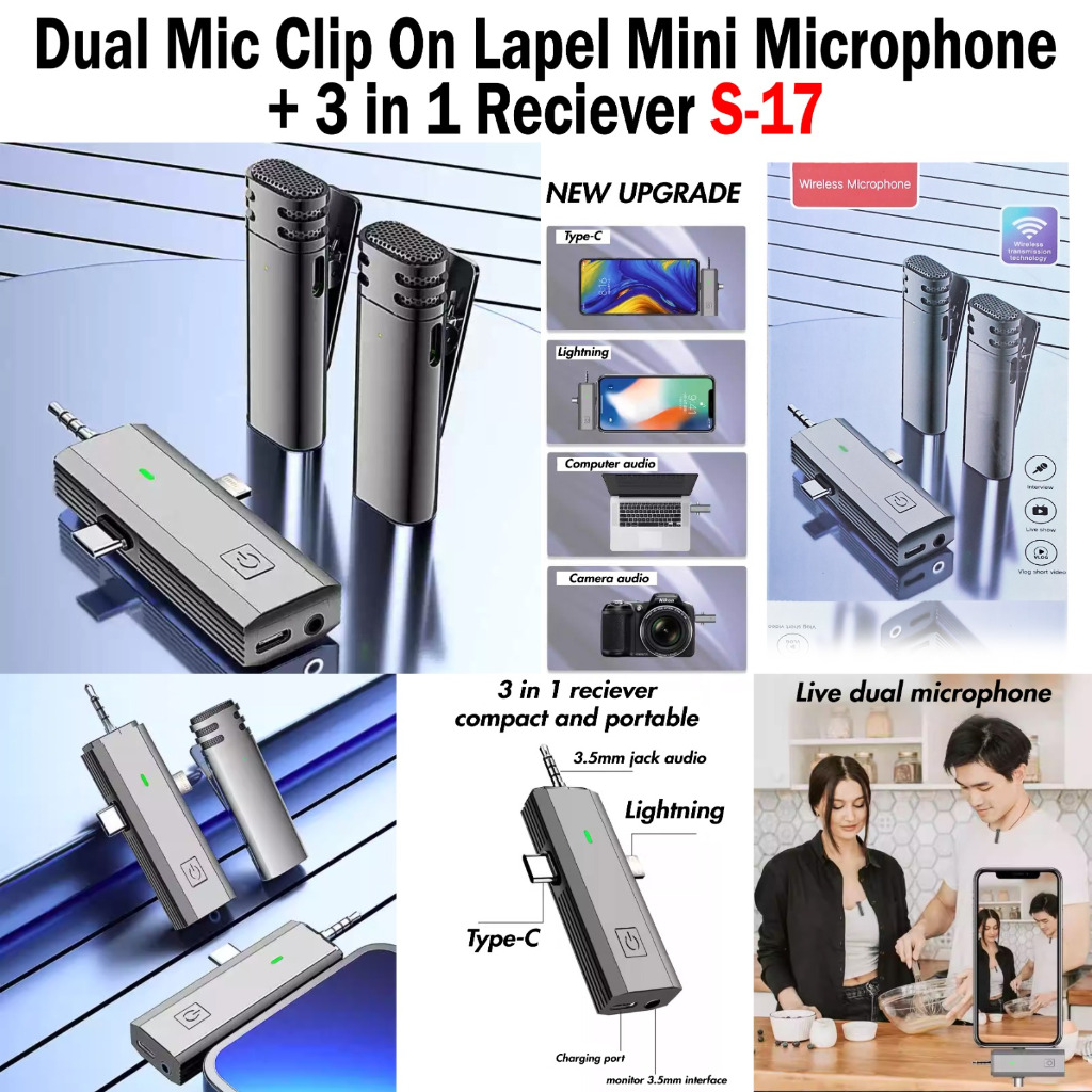 Clip On Microphone Wireless Bluetooth Dual Mic 1 Receiever Jack 3.5mm Lightning Type C Mic Clip On V