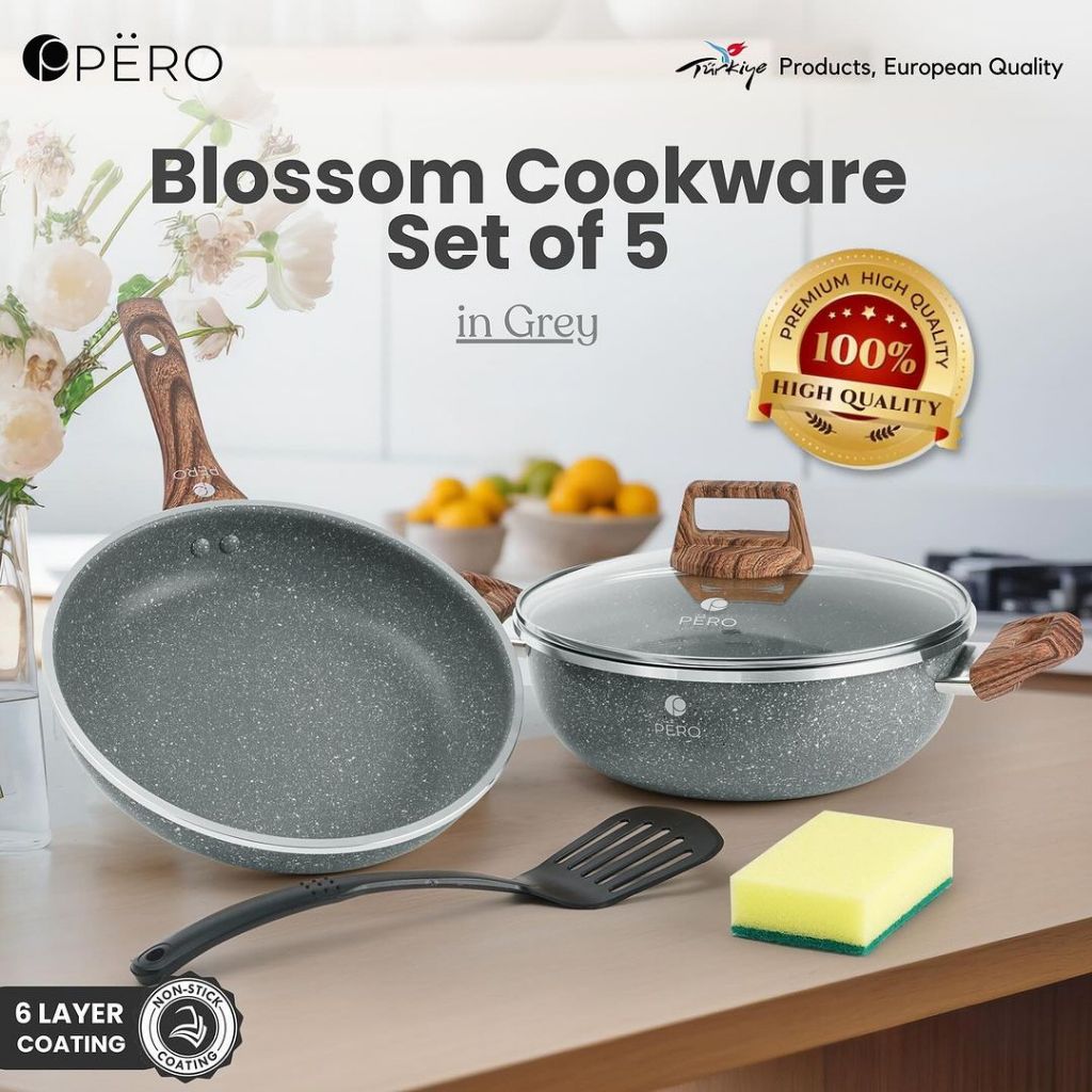 Panci Pero Blossom Granite Cookware 24cm Set of 5 / Wajan Set Penggorengan Frypan dengan Tutup Kaca