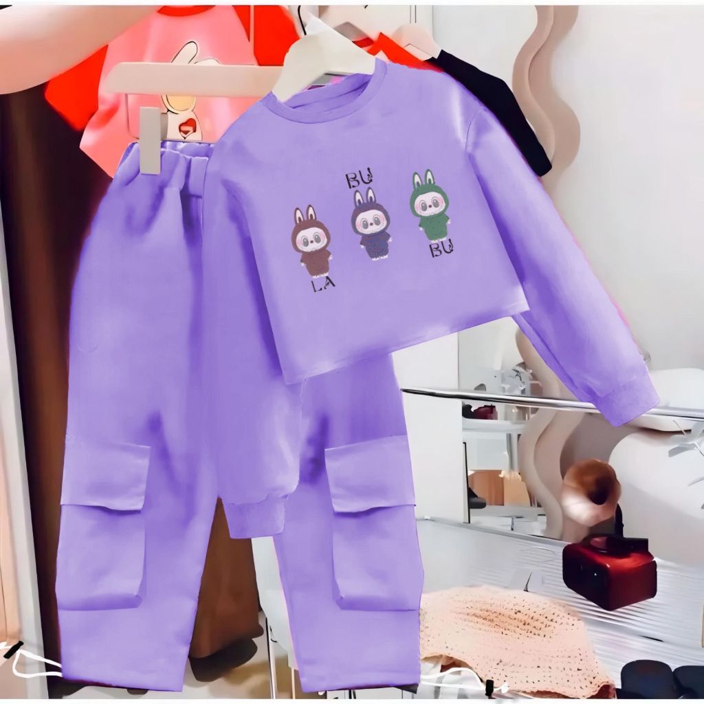 setelan sweater anak perempuan usia 2-12 tahun setelan baju crop celana cargo anak perempuan remaja 