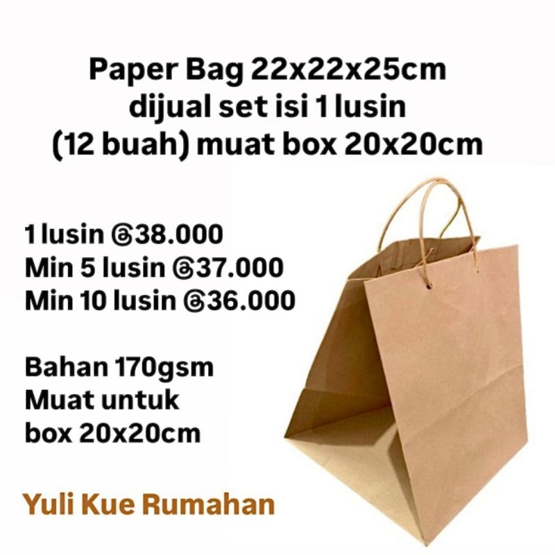 

Paper Bag 22x22x25cm dijual set isi 1 lusin (12 buah) muat box 20x20cm