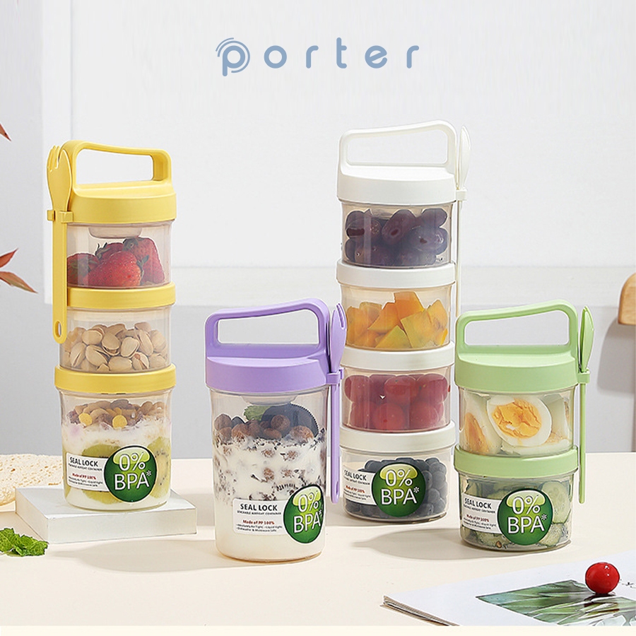 PORTER 2-3 Layers Plastic Food Container | Wadah Susun Tingkat Sereal Salad Buah Sayur | Botol Salad