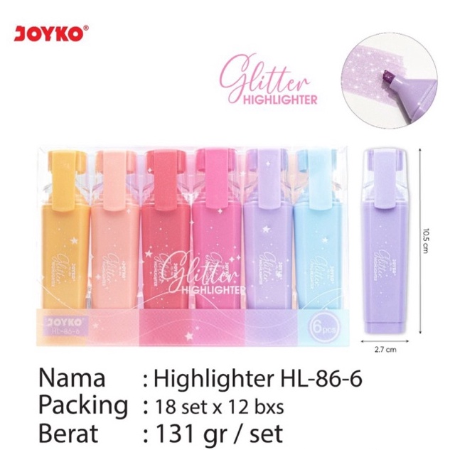 

ART U8W5 1 set isi 6 warna Highlighter Color Glitter Set JOYKO Penanda Warna Warni Gliter harga 1 set Stabilo Kilap Warna HL866 HL86