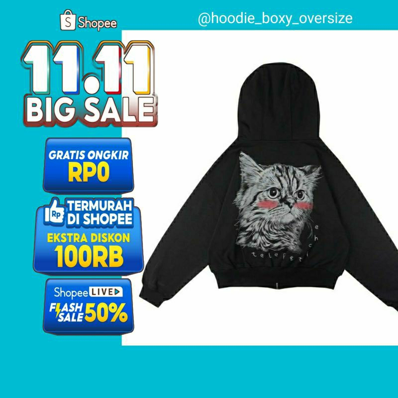 ZIP HOODIE BOXY OVERSIZE BLACK CAT • CHMB • HOODIE ZIPPER PRIA WANITA OVERSIZE