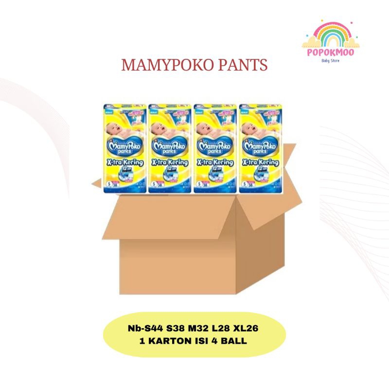 MAMYPOKO PANTS X-TRA KERING NB-S44/S38/M32/L28/XL26 PAKET 1 KARTON ISI 4 BALL