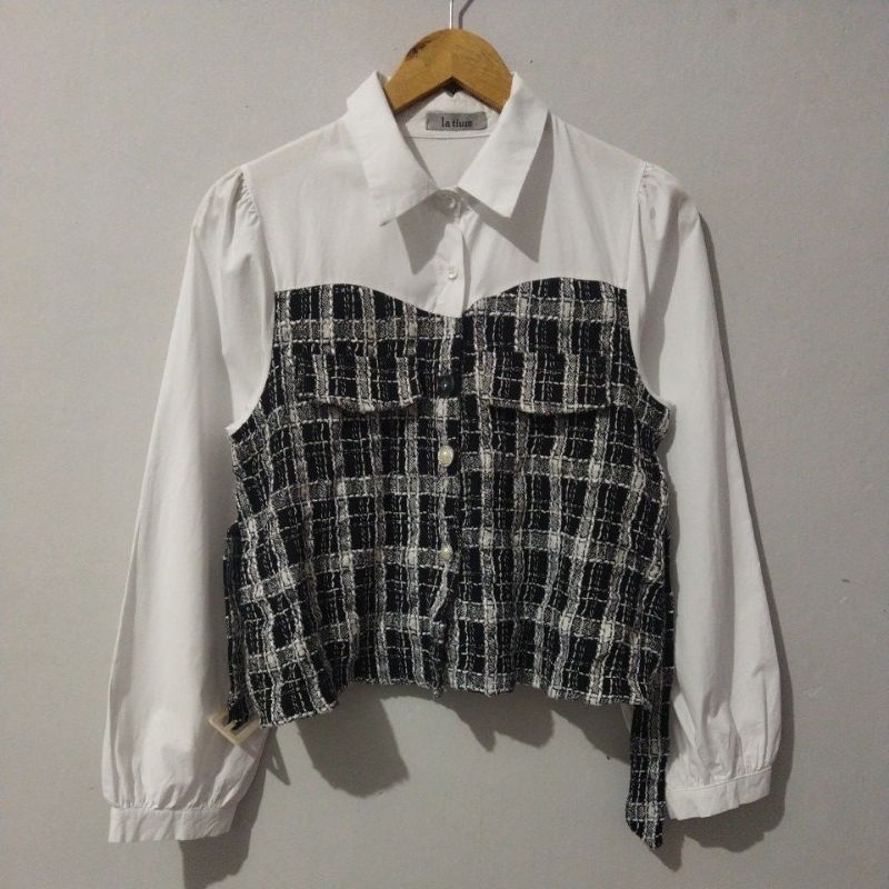 BLOUSE KEMEJA LIKE ZARA CROP LENGAN BALON KOMBINASI TWEED ORIGINAL MURAH
