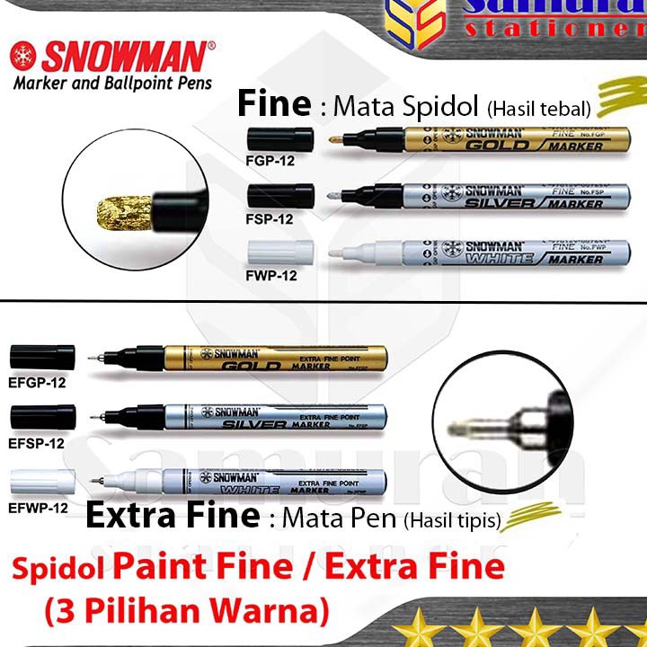

PENAWARAN TERBATAS Spidol Paint Marker Snowman Permanent Fine F Extra Fine EF Warna Emas Perak Putih Hitam Gold Silver White Black