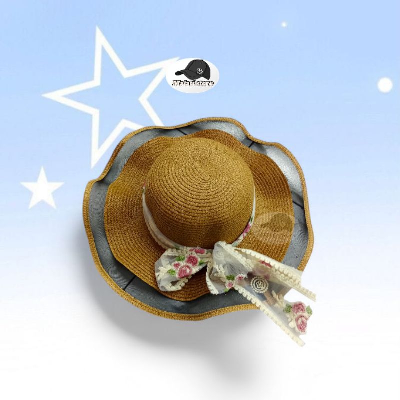 Topi pantai wanita gelombang topi import bundar aksen pita cantik