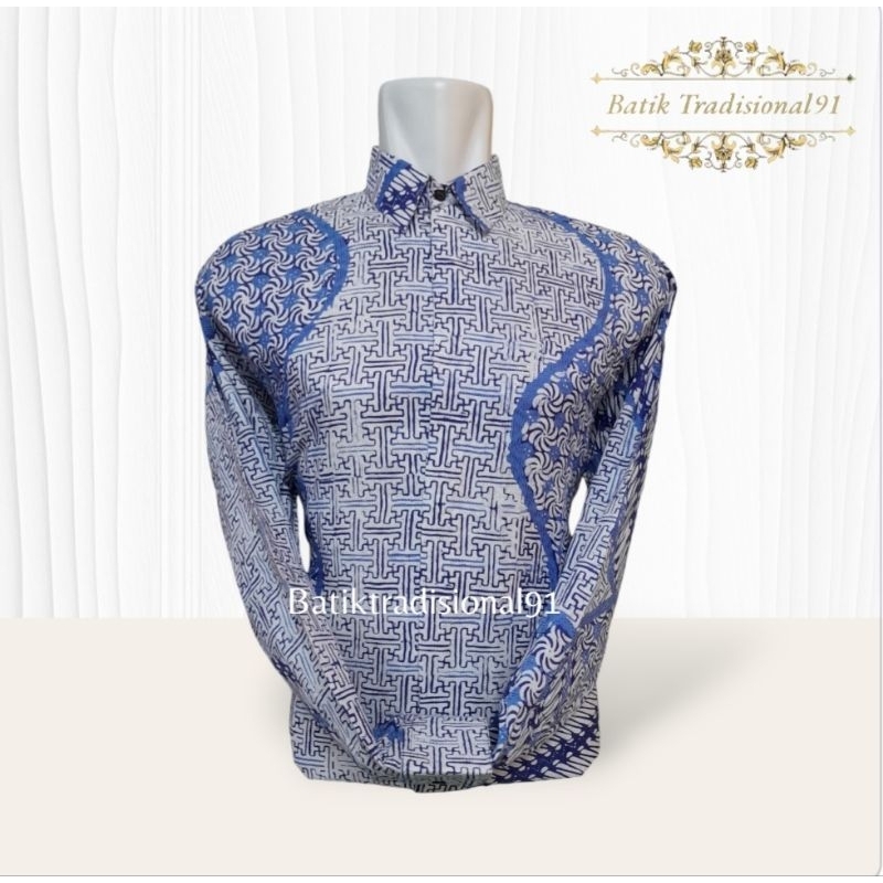Batik Pria Lengan Panjang Dobby ATBM Cap Tradisional Cirebon Biru Langit