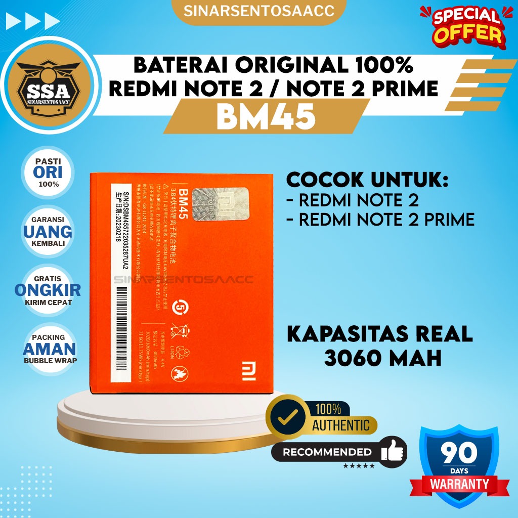 Baterai Original 100% Xiaomi Redmi Note 2 / Redmi Note 2 Prime BM45 BM 45 ORI Battery Batu Batre