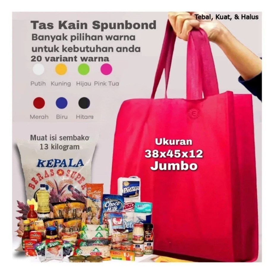 

Jumbo Goodiebag Uk 38x45x12 cm Lusinan isi 6 & 12 Tas Kain Spunbond Muat Belanja Parcel Sembako