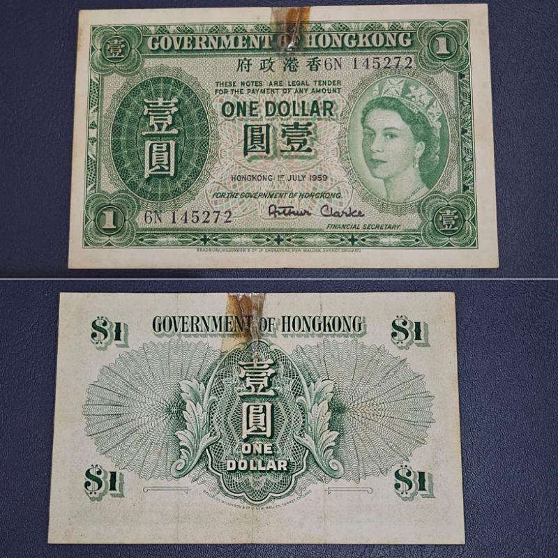 Uang Asing Kuno One Dollar Malaya Hongkong 1 Dollar Tahun 1959 Kondisi AXF Renyah ada bekas sobek di