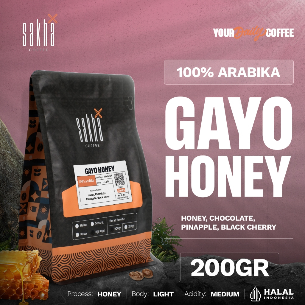 

Biji Kopi Arabika Gayo Honey Arabica Coffee Roast Beans Sakha Roastery 200 Gram Coffe Biji Bubuk