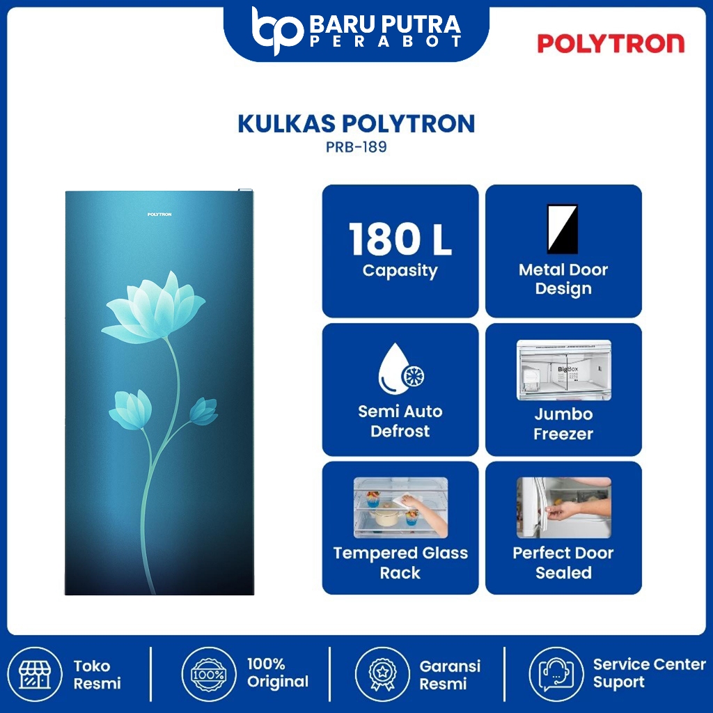 POLYTRON Kulkas 1 Pintu Metallic 180 Liter PRB 189R / 189B