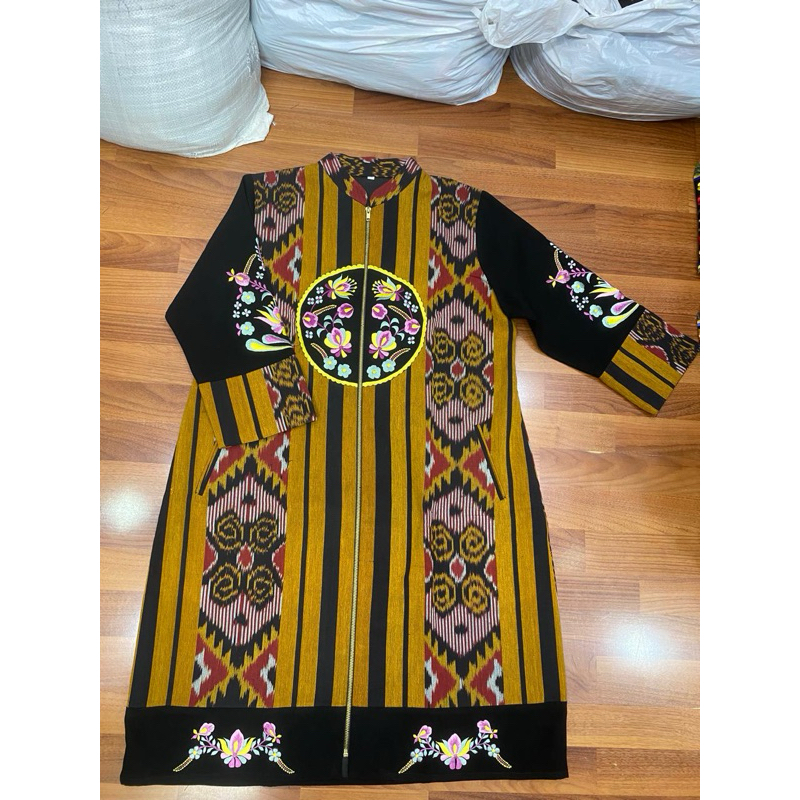 ATASAN DRESS BATIK BAHAN TENUN LAPISAN FURING TRIKODE GOLDEN COMBINASI JAITAN BORDIR EXCLUSIVE THAMR