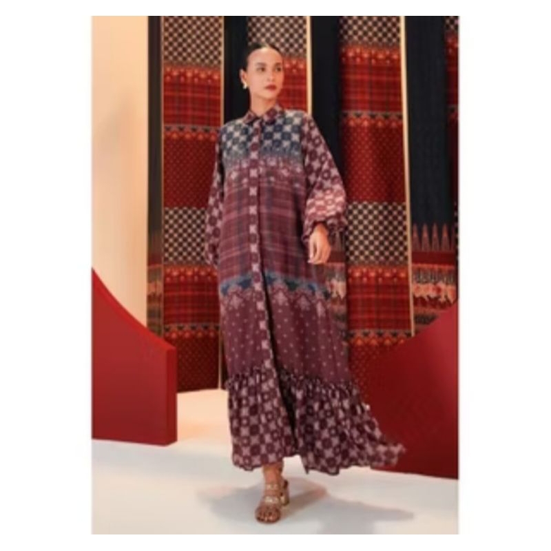 Benang Jarum - Benang Pelangi Seroja Tier Dress - Maroon