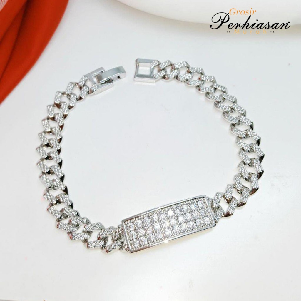 Gelang Rantai Plat Full Permata Perak